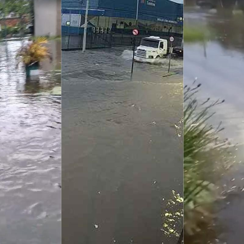 Chuva forte provocou alagamentos em Mongaguá (esq. e dir.) e na Avenida Nossa Senhora de Fátima, em Santos (centro)