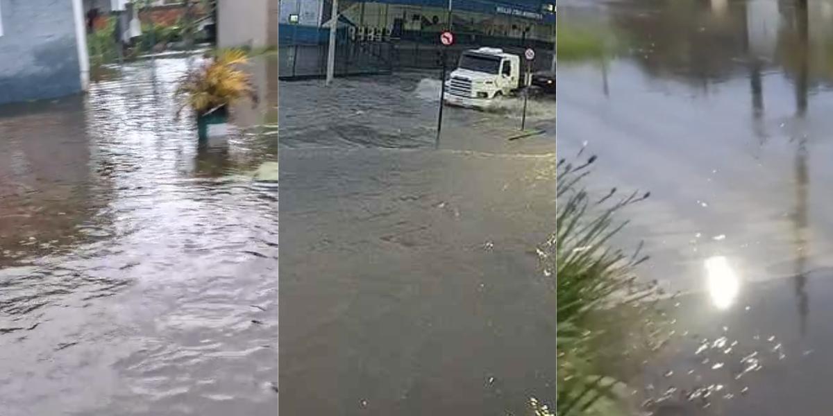 Chuva forte provocou alagamentos em Mongaguá (esq. e dir.) e na Avenida Nossa Senhora de Fátima, em Santos (centro)