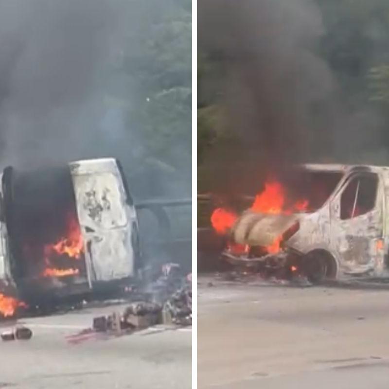 Fogo destruiu a van após uma pane mecânica e gerou 10 km de congestionamento na subida da Rodovia dos Imigrantes