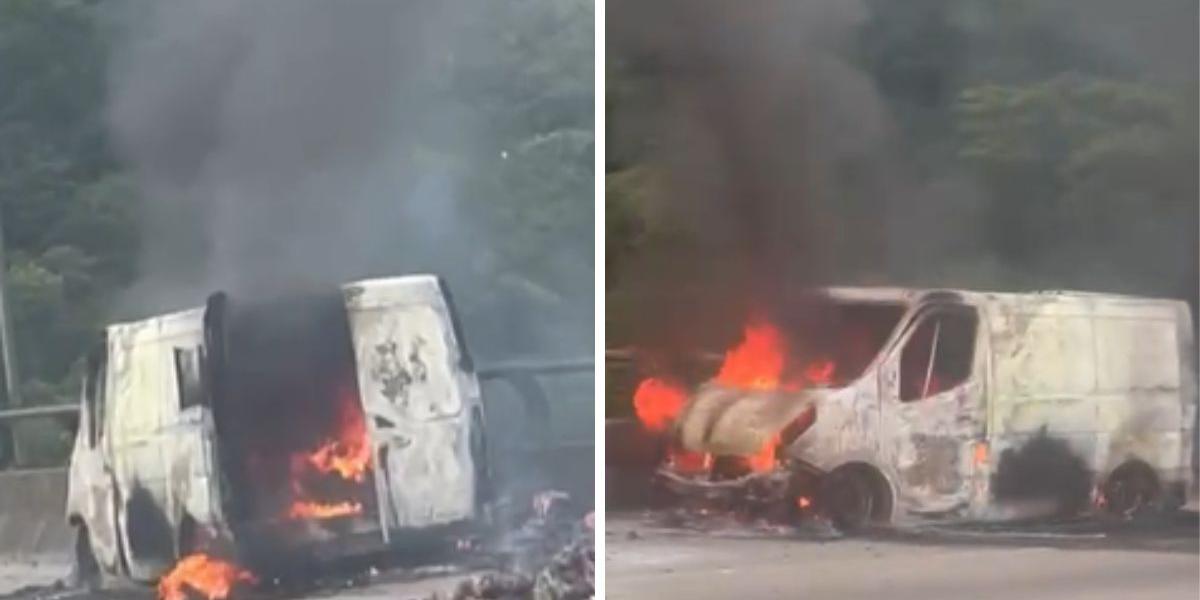 Fogo destruiu a van após uma pane mecânica e gerou 10 km de congestionamento na subida da Rodovia dos Imigrantes