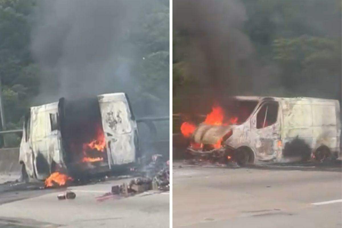 Fogo destruiu a van após uma pane mecânica e gerou 10 km de congestionamento na subida da Rodovia dos Imigrantes