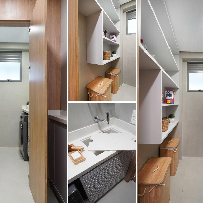 Por serem geralmente compactas, faça o aproveitamento vertical e utilize marcenaria sob medida para suas necessidades. Além de varal, lance mão de cabideiro para hora de passar roupa. Pense em nichos, gavetas e divisórias para tudo ter seu lugar