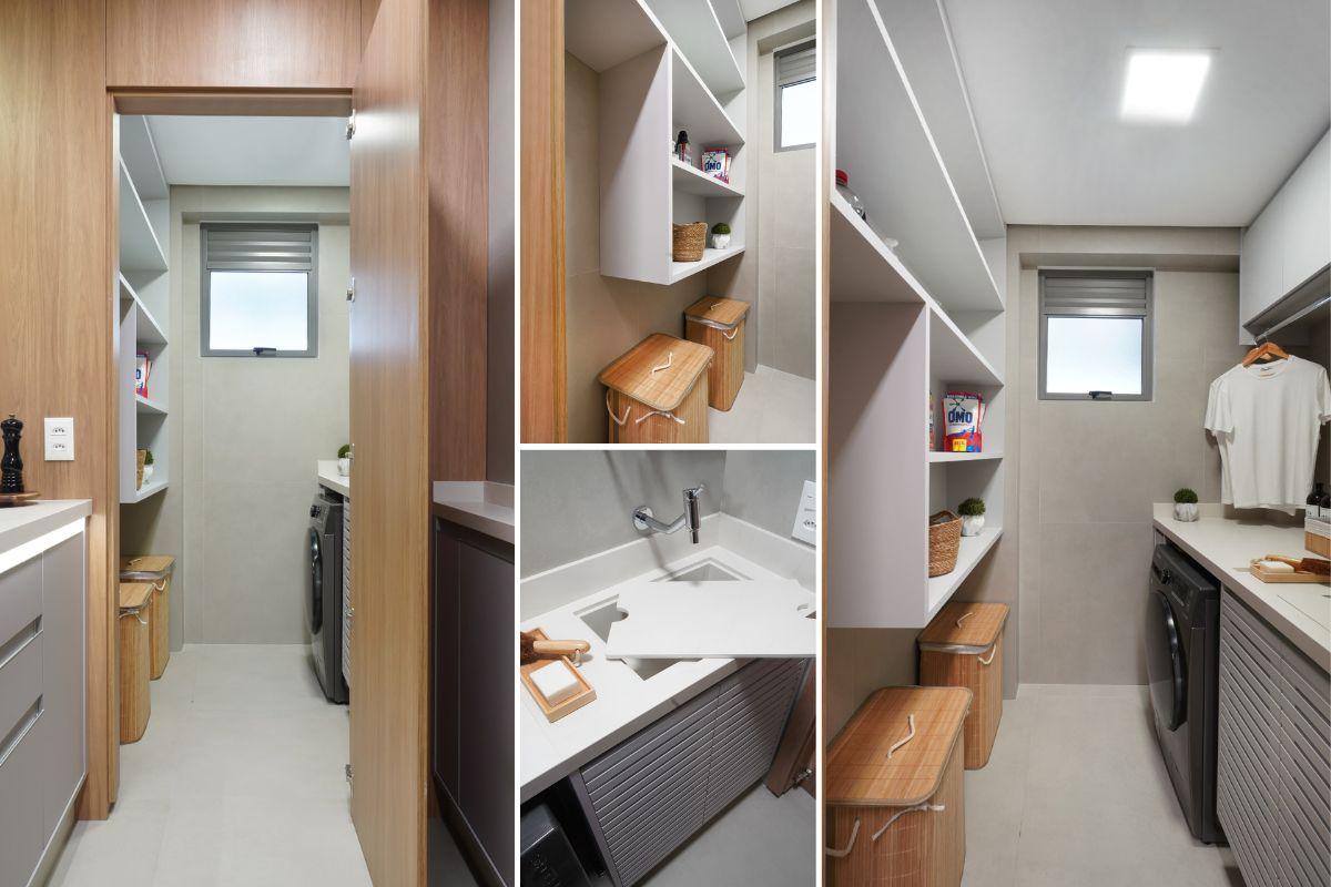 Por serem geralmente compactas, faça o aproveitamento vertical e utilize marcenaria sob medida para suas necessidades. Além de varal, lance mão de cabideiro para hora de passar roupa. Pense em nichos, gavetas e divisórias para tudo ter seu lugar