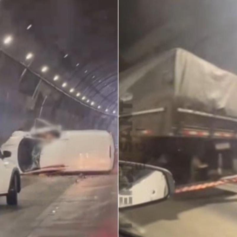 Caminhonete tomba após colisão traseira com caminhão na Rodovia dos Imigrantes