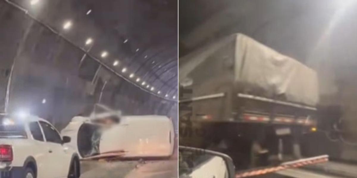 Caminhonete tomba após colisão traseira com caminhão na Rodovia dos Imigrantes