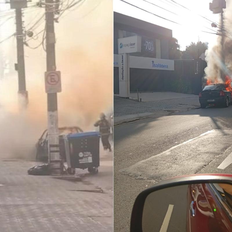 Carro pega fogo em avenida famosa em Santos e mobiliza bombeiros na manhã desta quinta-feira (05)
