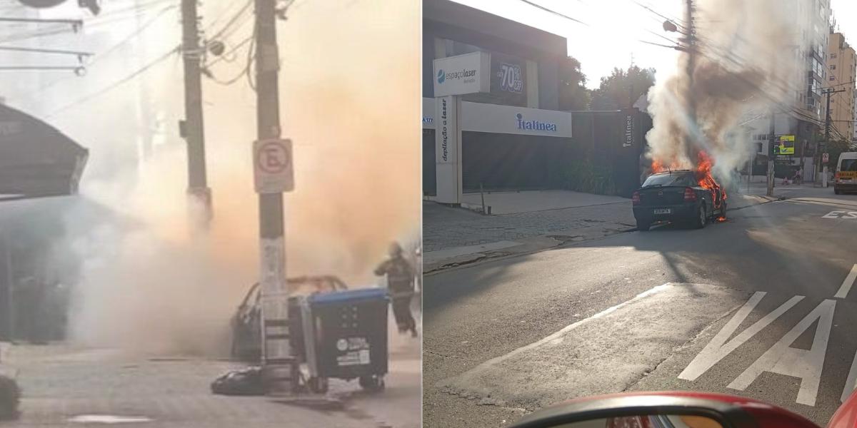 Carro pega fogo em avenida famosa em Santos e mobiliza bombeiros na manhã desta quinta-feira (05)