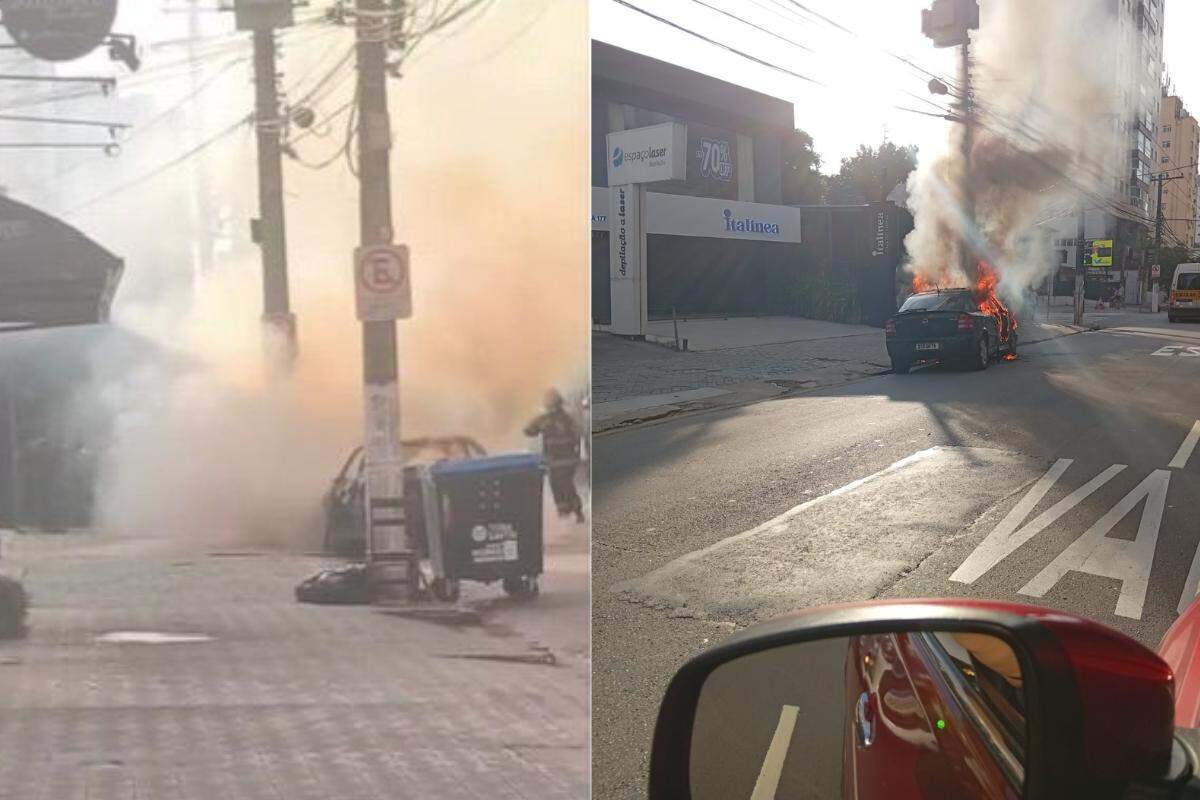 Carro pega fogo em avenida famosa em Santos e mobiliza bombeiros na manhã desta quinta-feira (05)