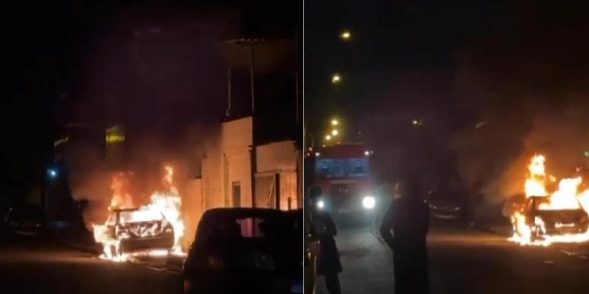 Carro pega fogo em via pública e mobiliza bombeiros em Praia Grande