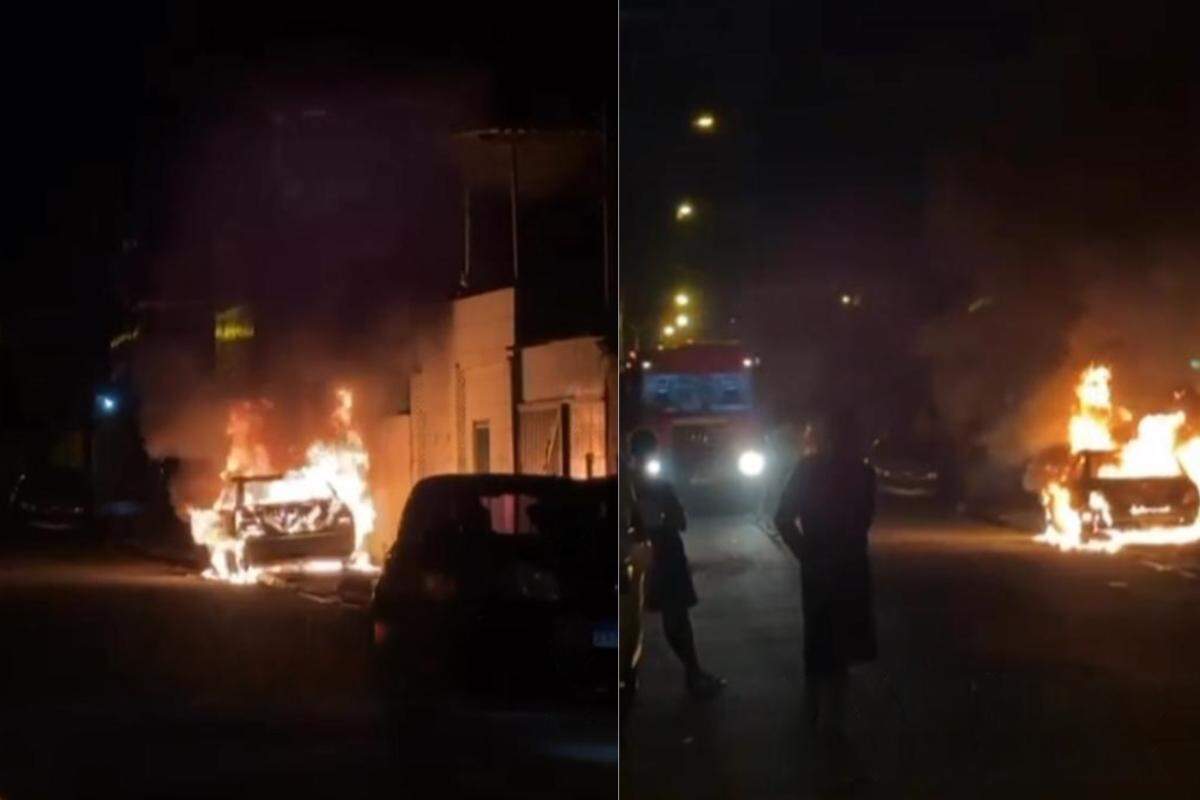 Carro pega fogo em via pública e mobiliza bombeiros em Praia Grande