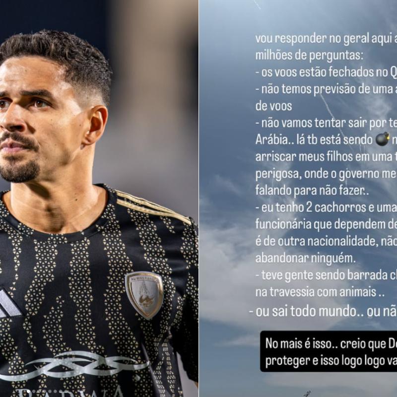 Lucas Veríssimo (esq.) foi anunciado pelo Santos; à direita, esposa do jogador, Amanda Veríssimo, relata dificuldades para ambos saírem do Catar em meio a conflito no Oriente Médio