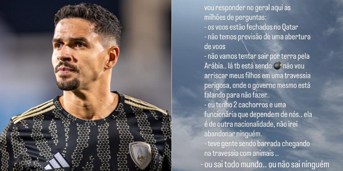 Lucas Veríssimo (esq.) foi anunciado pelo Santos; à direita, esposa do jogador, Amanda Veríssimo, relata dificuldades para ambos saírem do Catar em meio a conflito no Oriente Médio