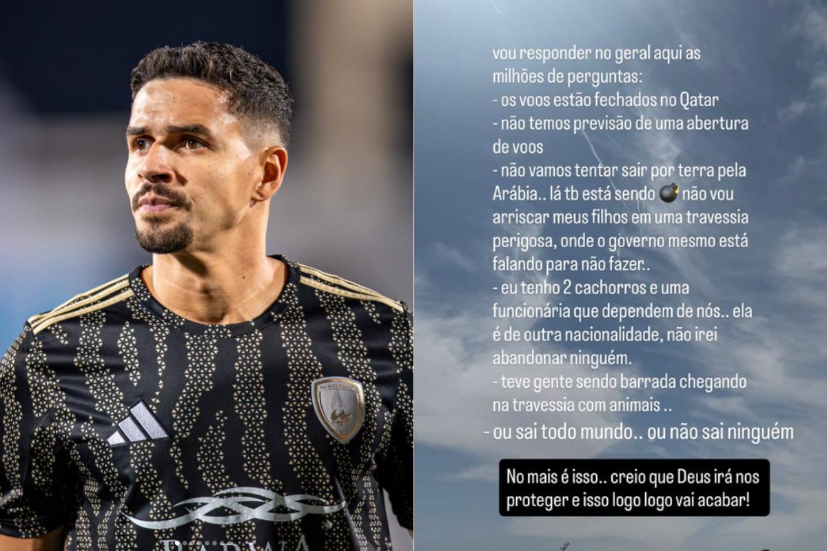 Lucas Veríssimo (esq.) foi anunciado pelo Santos; à direita, esposa do jogador, Amanda Veríssimo, relata dificuldades para ambos saírem do Catar em meio a conflito no Oriente Médio