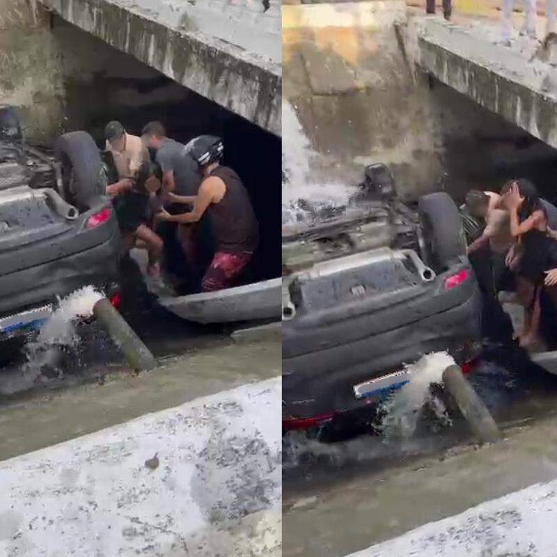 Carro capotou dentro do canal e danificou rede de esgoto do local