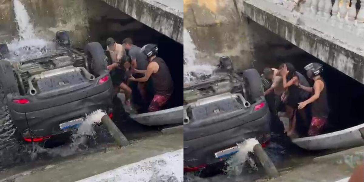 Carro capotou dentro do canal e danificou rede de esgoto do local