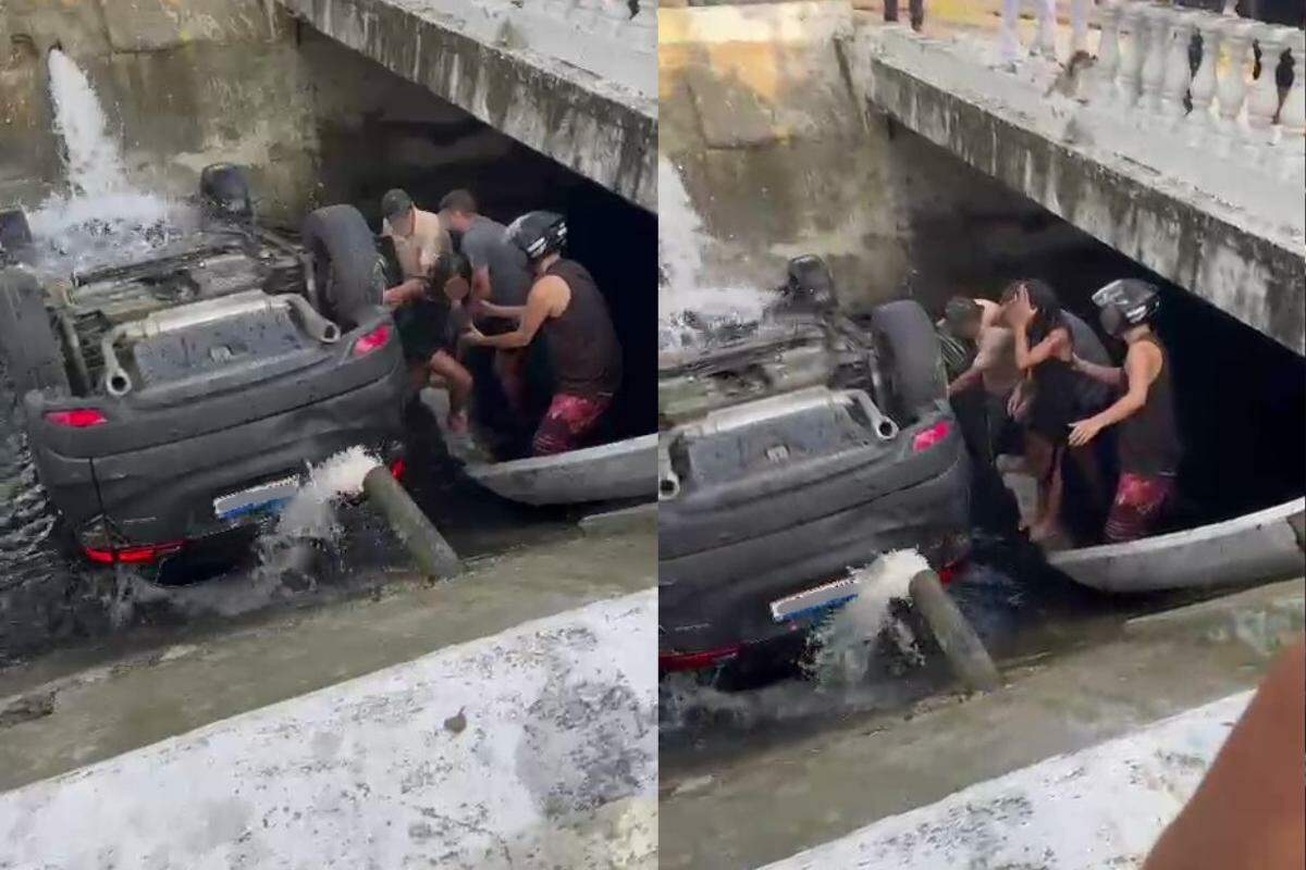 Carro capotou dentro do canal e danificou rede de esgoto do local