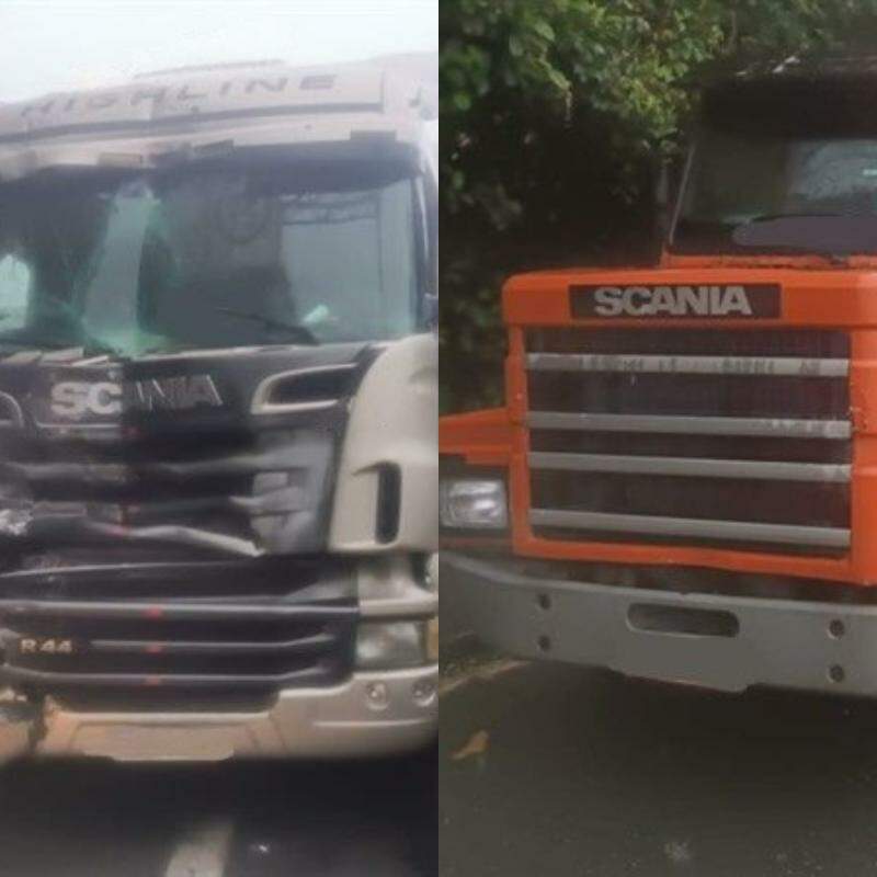 Após a colisão, a carreta cinza parou atravessada na pista, bloqueando totalmente a via