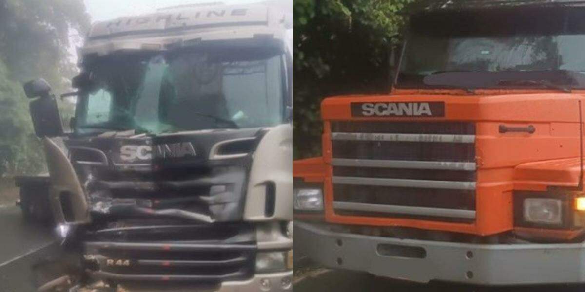 Após a colisão, a carreta cinza parou atravessada na pista, bloqueando totalmente a via