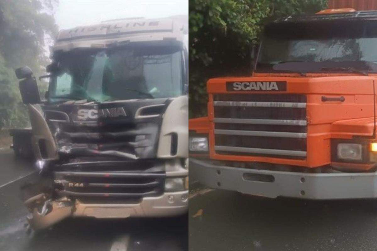 Após a colisão, a carreta cinza parou atravessada na pista, bloqueando totalmente a via