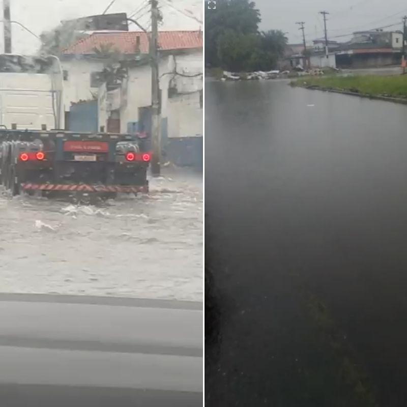 A Avenida Nossa Senhora de Fátima, em Santos, e a Avenida Central, em São Vicente, estavam completamente alagadas na manhã desta terça-feira  (*10)