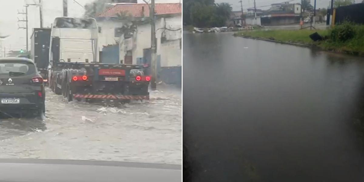A Avenida Nossa Senhora de Fátima, em Santos, e a Avenida Central, em São Vicente, estavam completamente alagadas na manhã desta terça-feira  (*10)