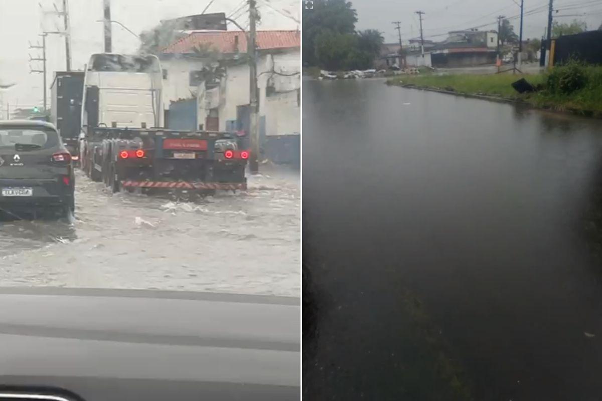 A Avenida Nossa Senhora de Fátima, em Santos, e a Avenida Central, em São Vicente, estavam completamente alagadas na manhã desta terça-feira  (*10)
