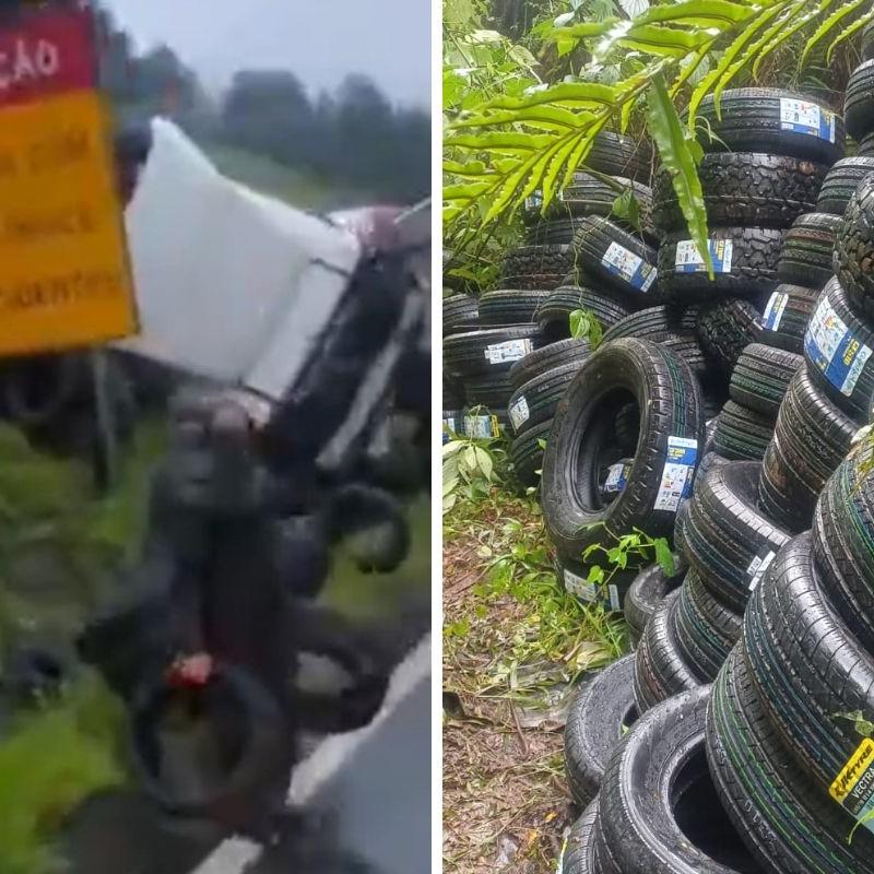 Criminosos se aproveitaram do tombamento da carreta para saquear os pneus que ficaram espalhados na pista