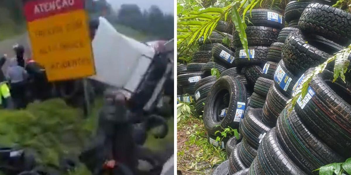 Criminosos se aproveitaram do tombamento da carreta para saquear os pneus que ficaram espalhados na pista