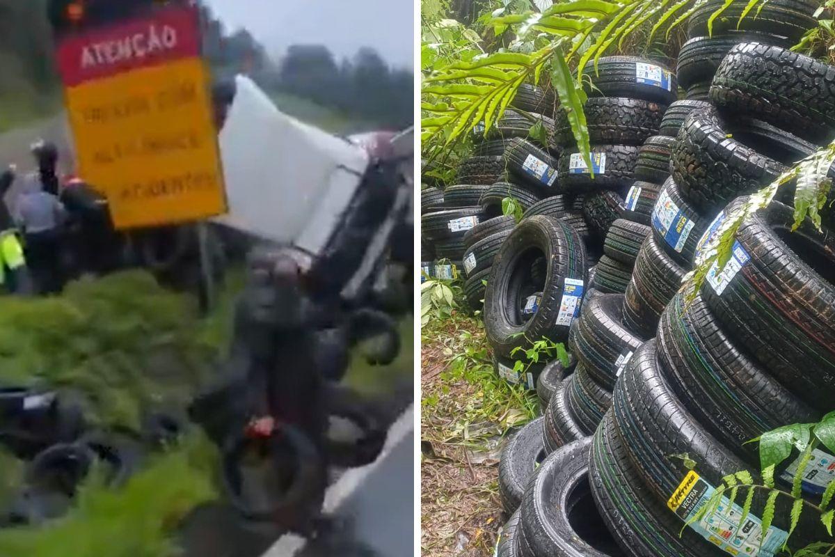 Criminosos se aproveitaram do tombamento da carreta para saquear os pneus que ficaram espalhados na pista