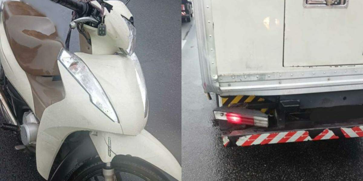 A motocicleta  trafegava pelo corredor entre as faixas 1 e 2 de rolamento quando, ao tentar forçar uma ultrapassagem, acabou colidindo contra a traseira de um utilitário