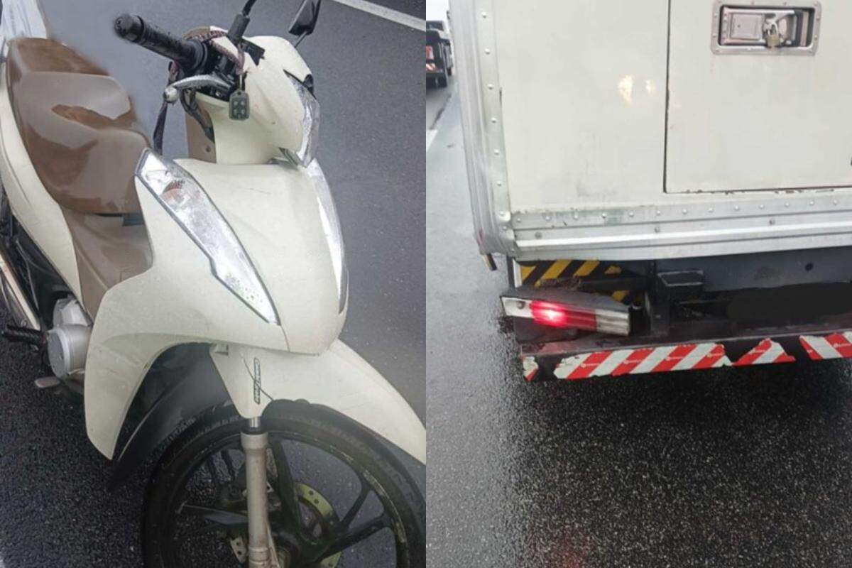A motocicleta  trafegava pelo corredor entre as faixas 1 e 2 de rolamento quando, ao tentar forçar uma ultrapassagem, acabou colidindo contra a traseira de um utilitário