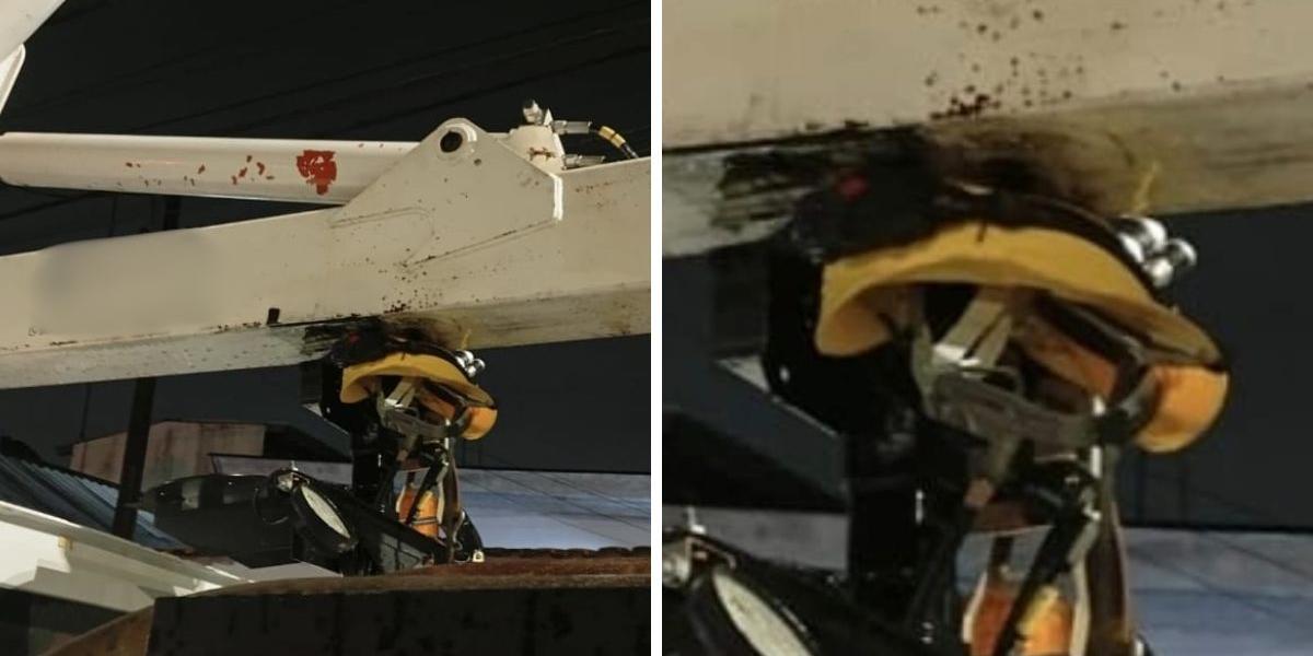 Capacete do trabalhador ficou preso na estrutura do guindaste