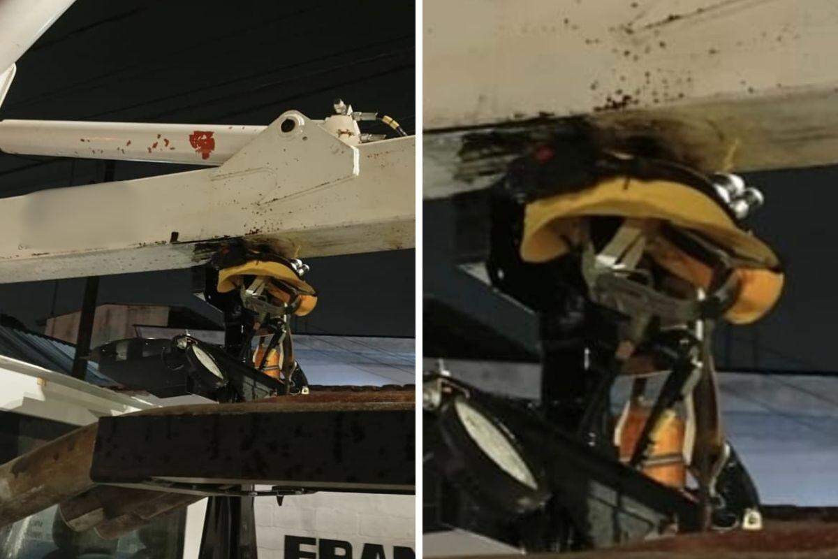 Capacete do trabalhador ficou preso na estrutura do guindaste