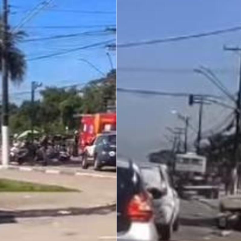 Motociclista fica ferido com fratura exposta após ser atropelado por caminhão no Guarujá, litoral de SP