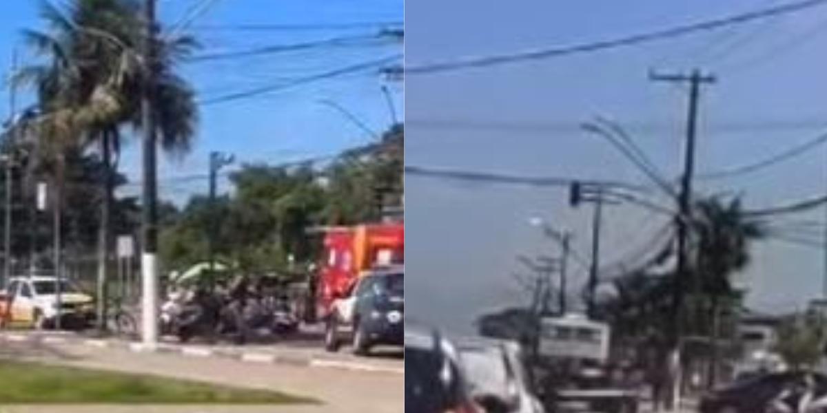 Motociclista fica ferido com fratura exposta após ser atropelado por caminhão no Guarujá, litoral de SP