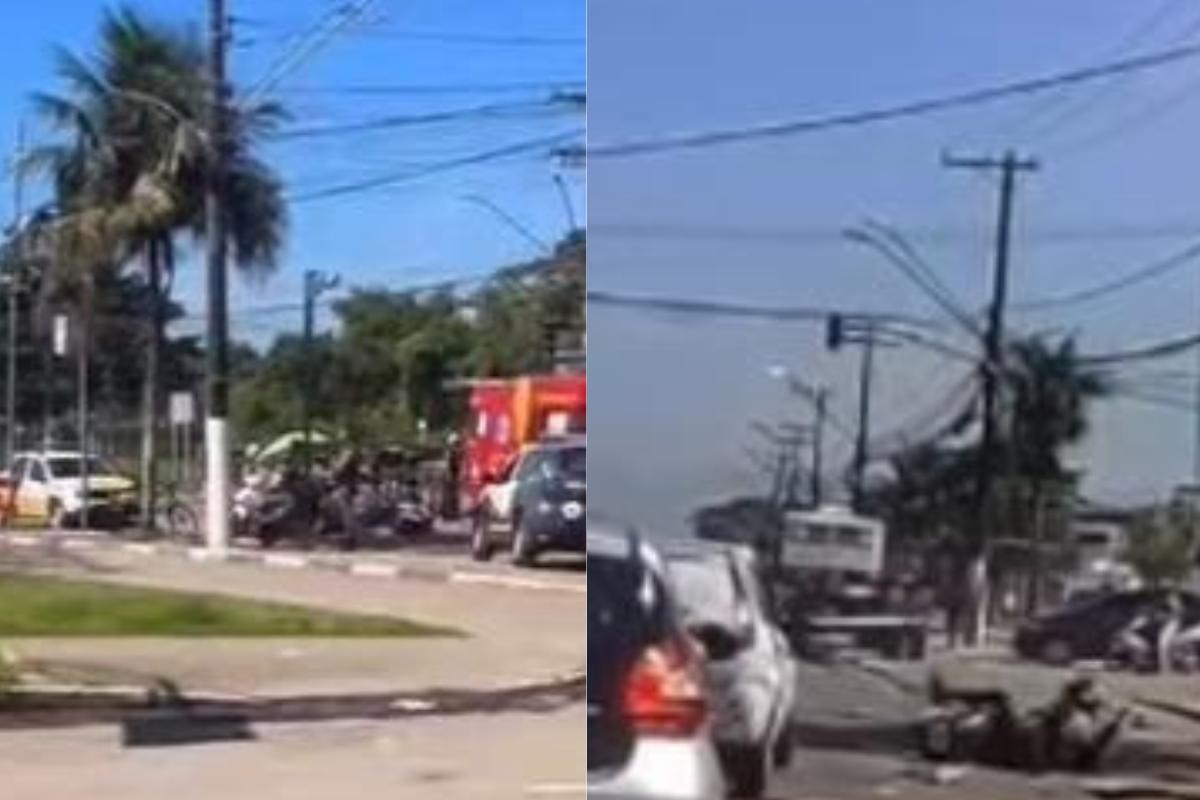 Motociclista fica ferido com fratura exposta após ser atropelado por caminhão no Guarujá, litoral de SP
