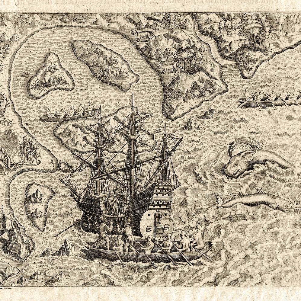 Gravura do livro América, de Theodore de Bry, de 1592, mostra o encontro de dois mundos: as caravelas e as canoas indígenas