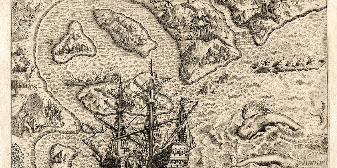 Gravura do livro América, de Theodore de Bry, de 1592, mostra o encontro de dois mundos: as caravelas e as canoas indígenas