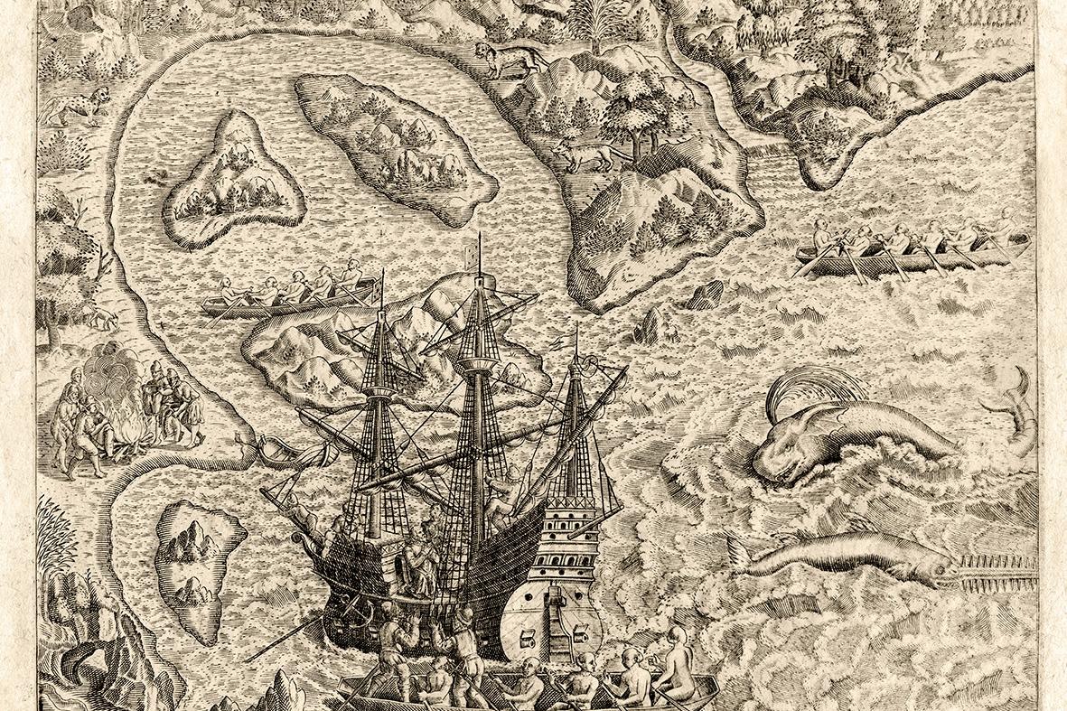 Gravura do livro América, de Theodore de Bry, de 1592, mostra o encontro de dois mundos: as caravelas e as canoas indígenas