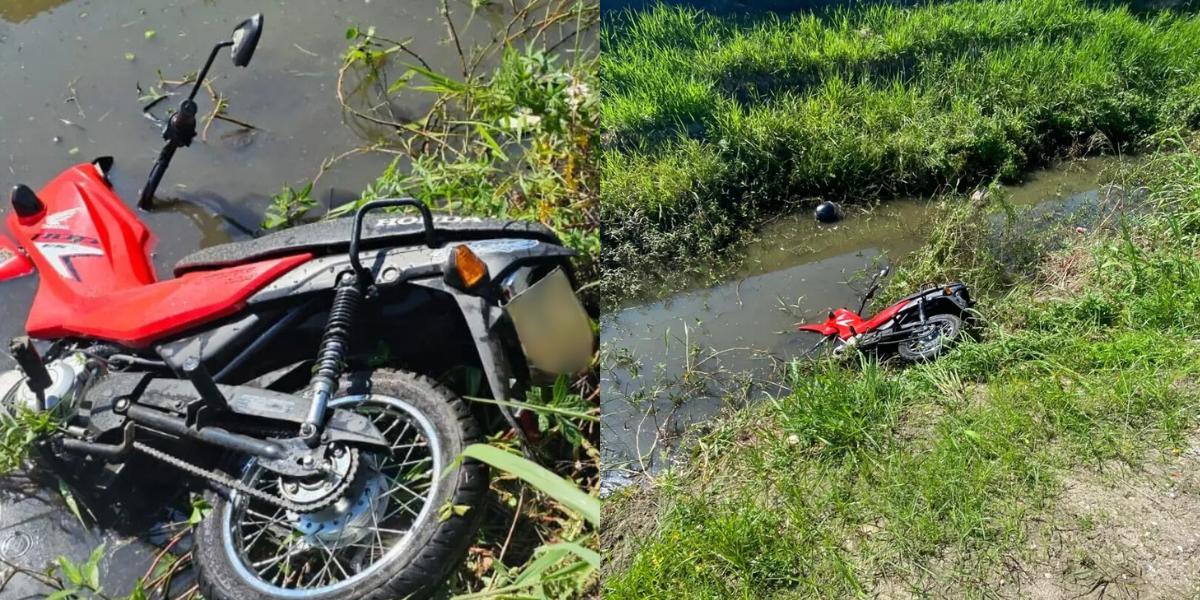 Moto caiu e foi abandonada dentro do canal