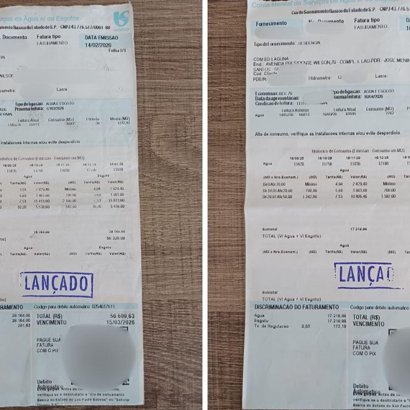 Contas de água vieram nos valores de R$ 56 mil e R$ 34 mil
