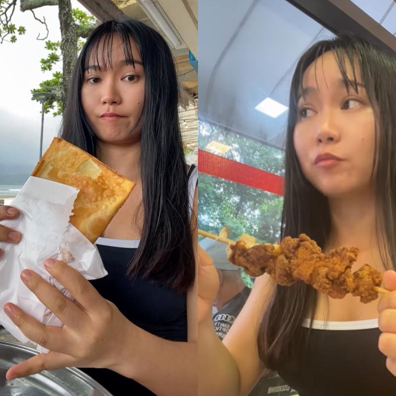 Beibei experimentou pastel de carne e espetinho de frango em Santos