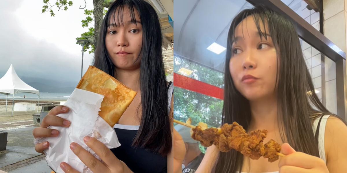 Beibei experimentou pastel de carne e espetinho de frango em Santos