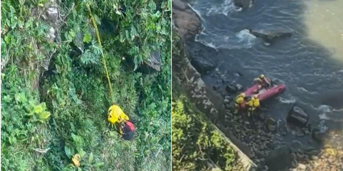 Bombeiros precisaram utilizar técnica de rapel para o resgate da vítima