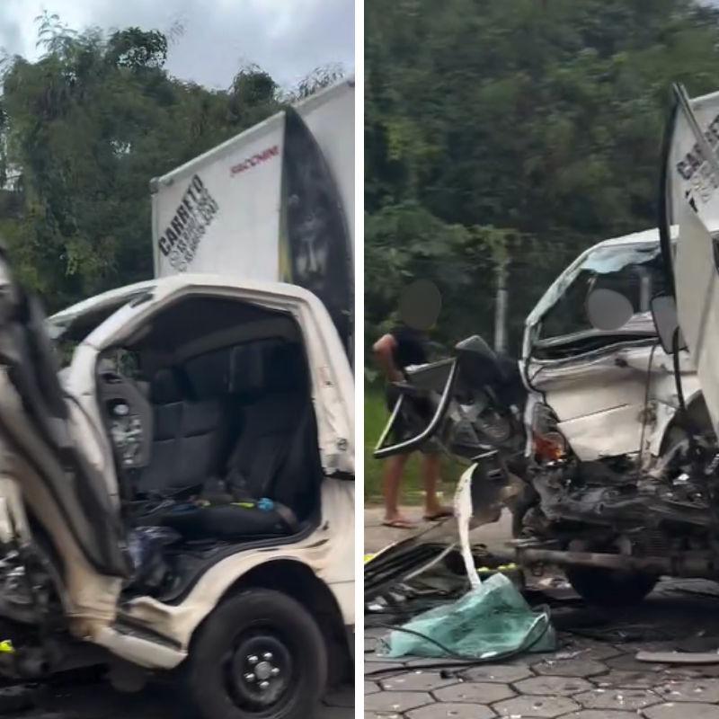 Caminhão ficou com a dianteira destruída por conta da colisão com o ônibus