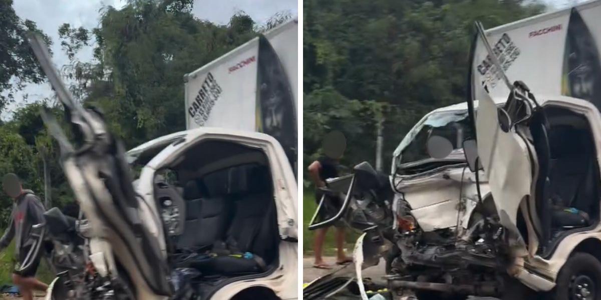 Caminhão ficou com a dianteira destruída por conta da colisão com o ônibus