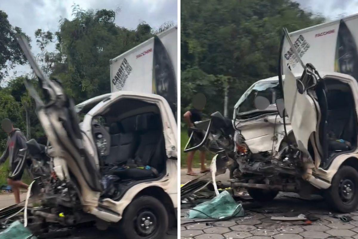 Caminhão ficou com a dianteira destruída por conta da colisão com o ônibus