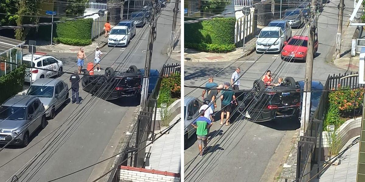Carro ficou capotado no cruzamento das ruas Afonso Veridiano e Vergueiro Steidel