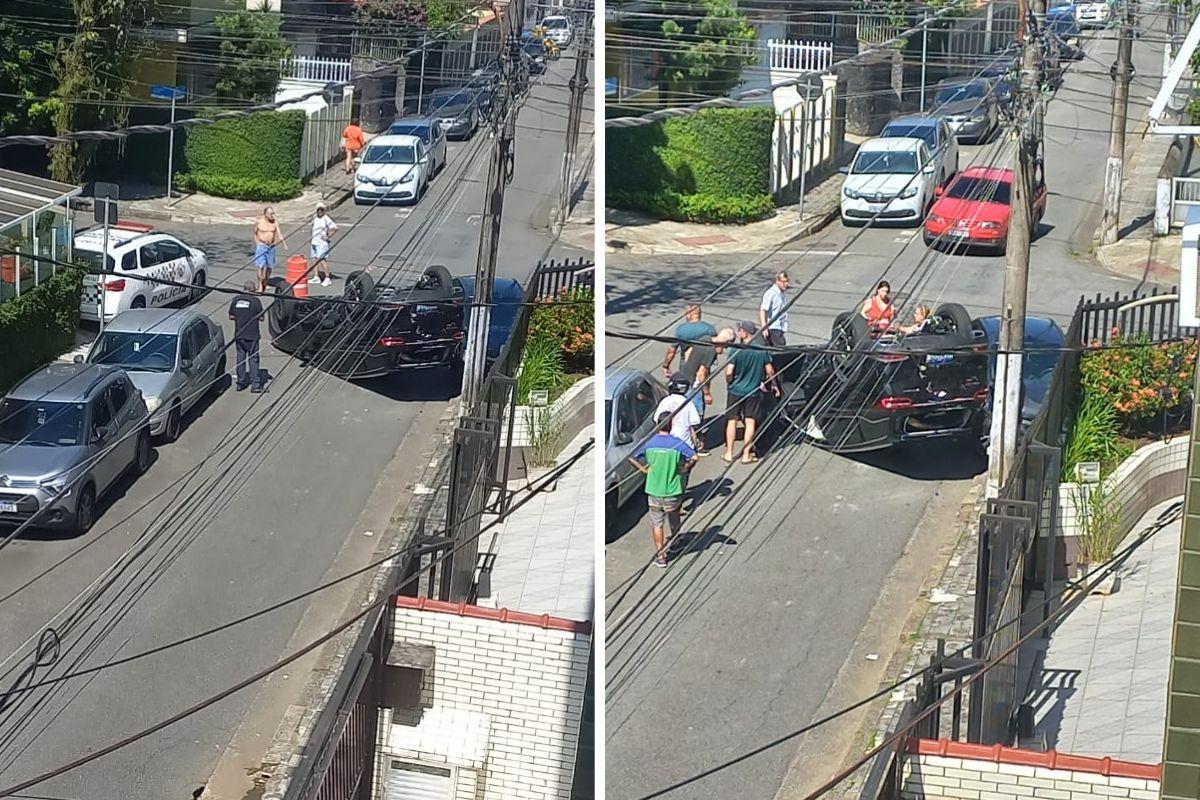 Carro ficou capotado no cruzamento das ruas Afonso Veridiano e Vergueiro Steidel