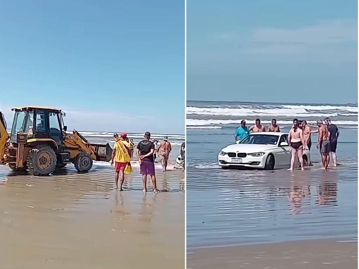 Carro foi retirado da faixa de areia com ajuda de máquina da prefeitura.